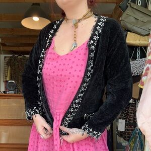 90s Vintage Storybook Knits Black l Zip Up Sweater with Silver Beads Size Large